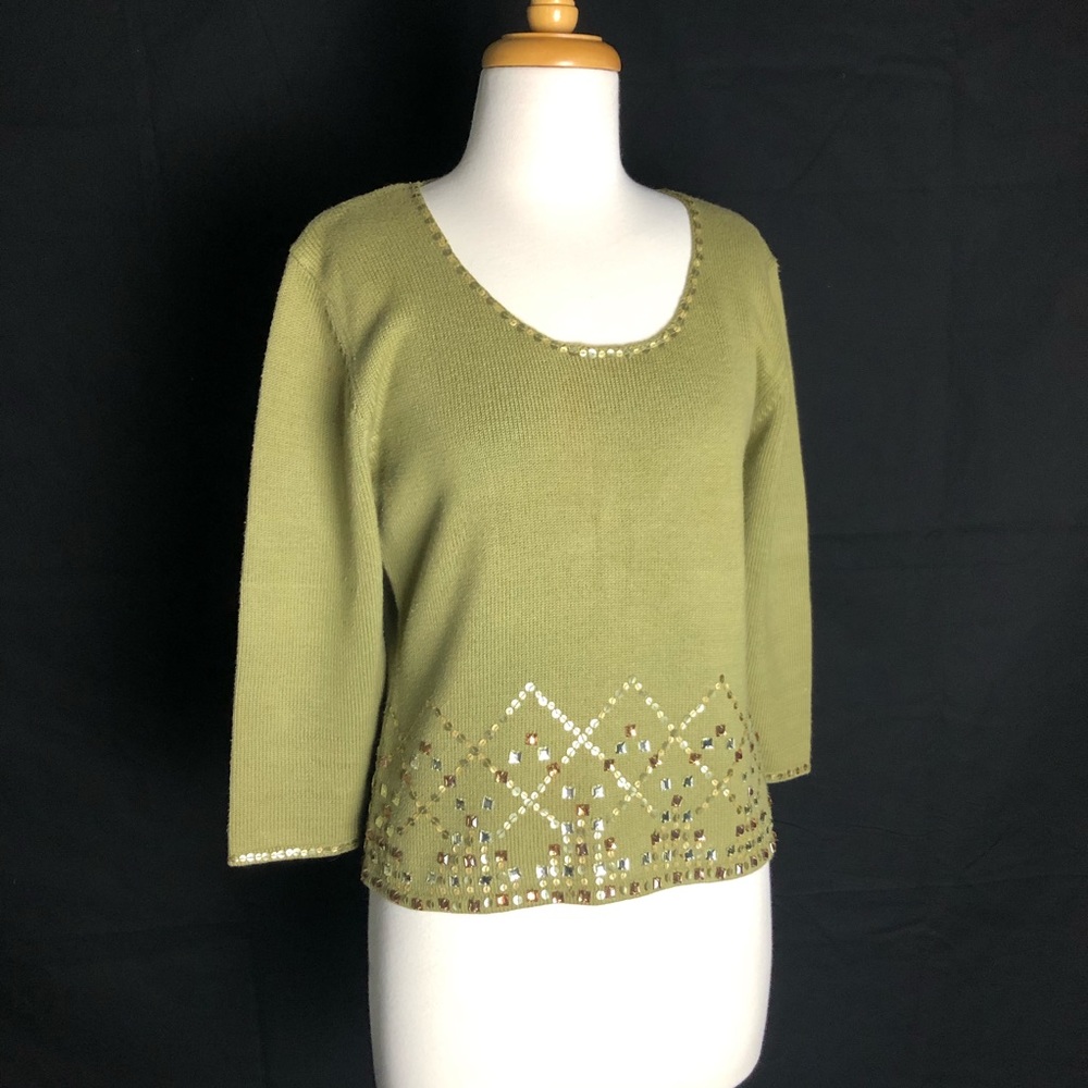 Worth Olive Cotton jeweled 3/4 length Sweater